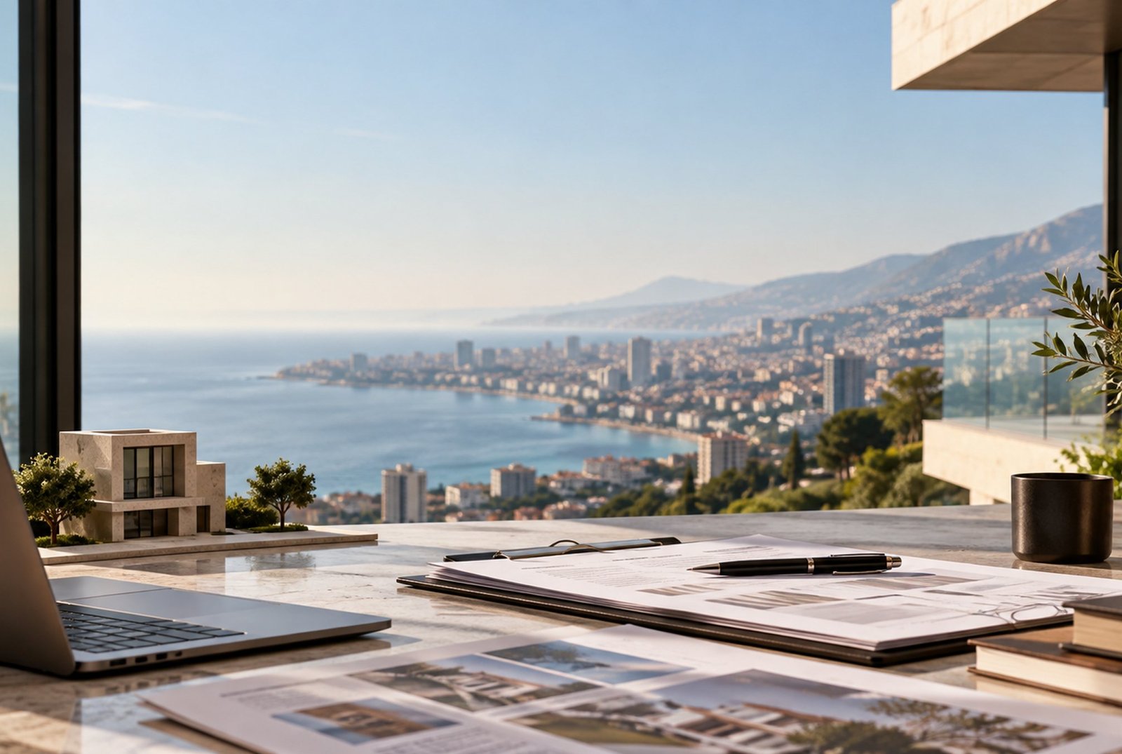 Property documents on a desk overlooking the coast