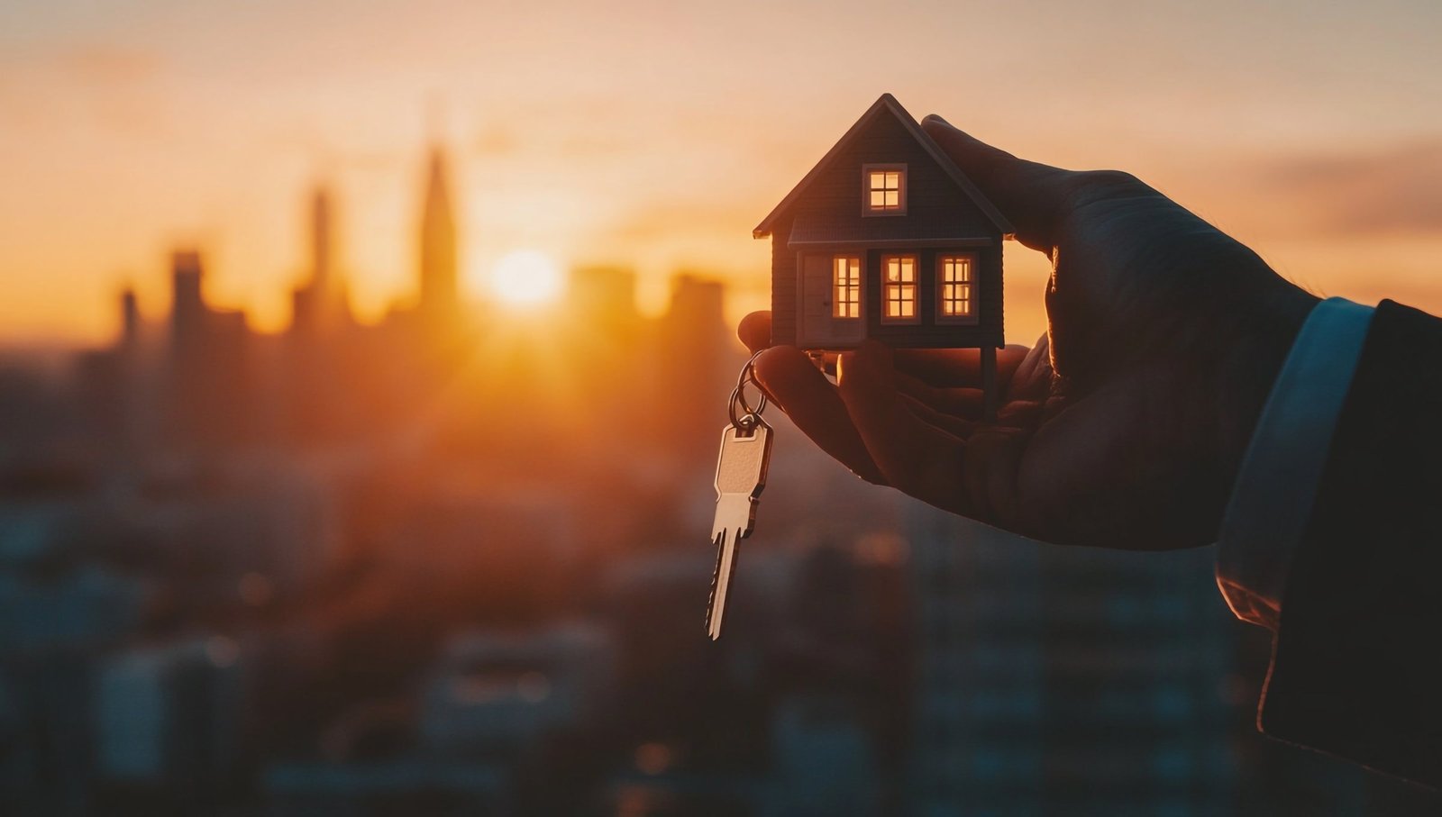 House keys on a house-shaped keyring at sunset