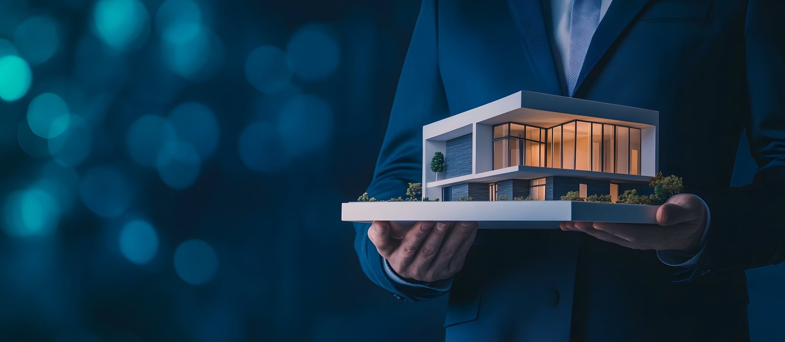 Model of a modern home held in a businessman's hands